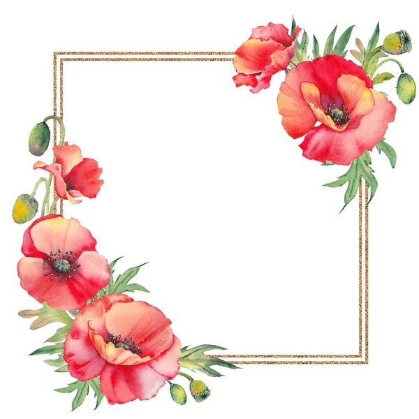 Square frame with red poppy flowers. Watercolor floral illustration.