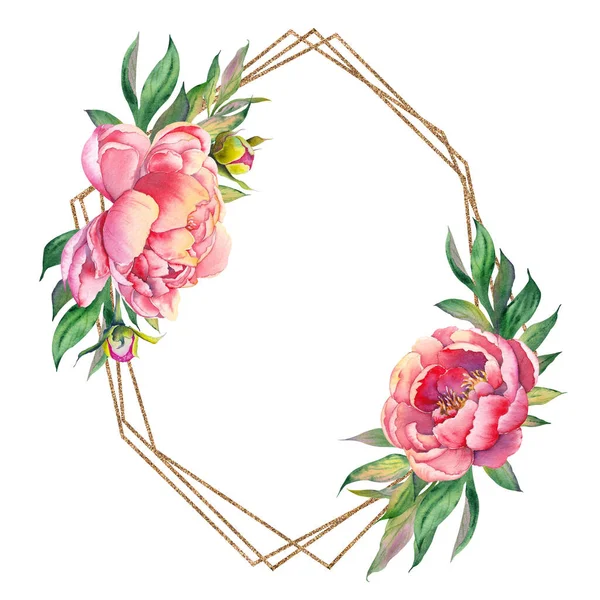Gold frame with pink watercolor peony flowers. — Stock Photo, Image
