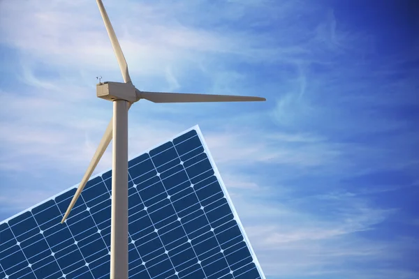 Fotovoltaické panely a větrné mlýn ekologická energie — Stock fotografie