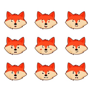 Kızıl Tilki Başı ya da Yüzü Farklı Duygular Vektörü Ayarlı. Yumuşak tüylü Hayvan Duygusal Ağızlığı