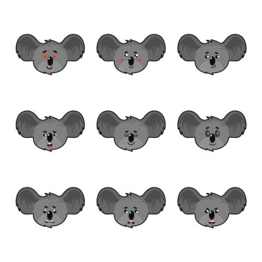 Karikatür Koala Gri Ayı Kafası ve Basınçlı Kulaklar Farklı Duygu Vektörü Ayarları. Komik Hayvan Yüzü İfadesi ve Grafik Görselleri