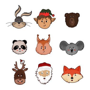 Yeni Yıl Çizgi Karakterleri Elf ve Hayvanları Vektör Kümesi ile Kafalar. Komik Çizgi Film Yapıştırmaları Duygularla Yüzler