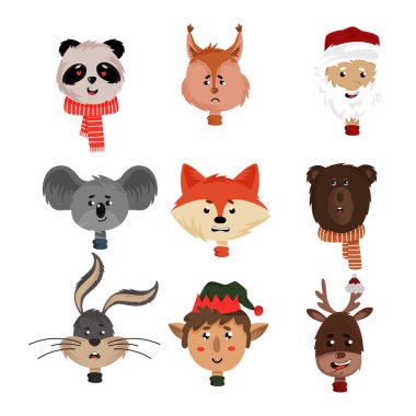 Yeni Yıl Çizgi Karakterleri Elf ve Hayvanları Vektör Kümesi ile Kafalar. Komik Çizgi Film Yapıştırmaları Duygularla Yüzler