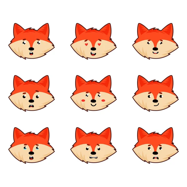Red Fox Head Face Different Emotions Vector Set Sly Fluffy動物の感情的な銃口 — ストックベクタ