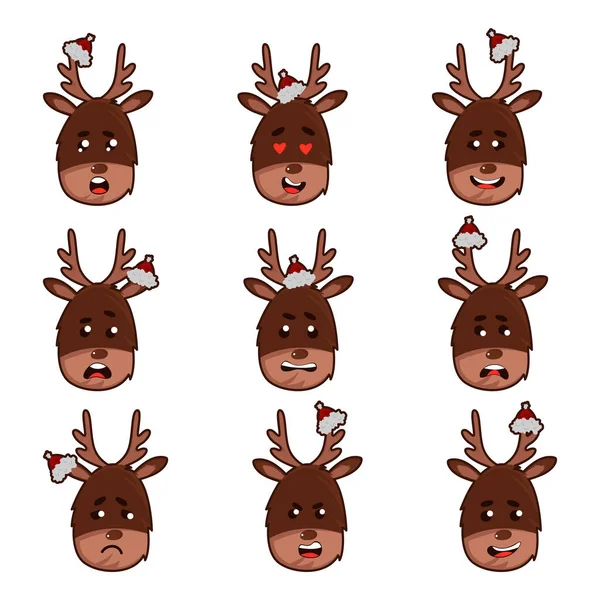 サンタクロースの帽子ベクトルセットでさまざまな感情を持つかわいいトナカイの頭 漫画の冬の休日の文字として鹿の顔の表情 — ストックベクタ