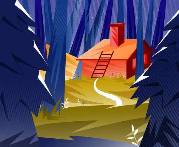 家は背の高い木の幹のベクトルの風景に囲まれた森の中の木立の上に残りました 家と壁のポスターコンセプトとしてミッドウッド — ストックベクタ