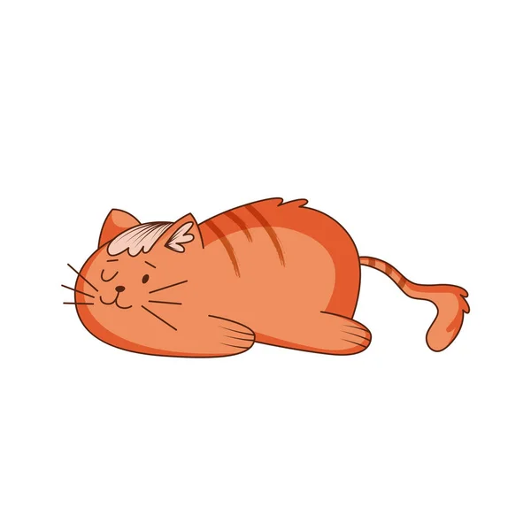 Personagem Ginger Cat Bonito Com Cauda Listrada Deitado Chão Vector — Vetor de Stock
