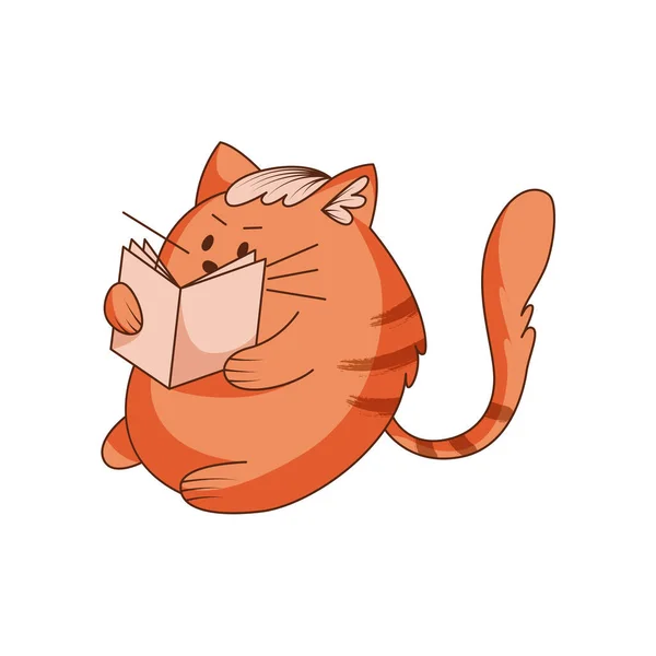 Personagem Ginger Cat Bonito Com Listrado Cauda Sentado Leitura Livro — Vetor de Stock