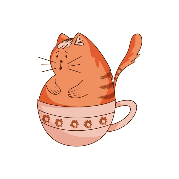 Personagem Ginger Cat Bonito Com Cauda Listrada Sentado Enorme Copo — Vetor de Stock