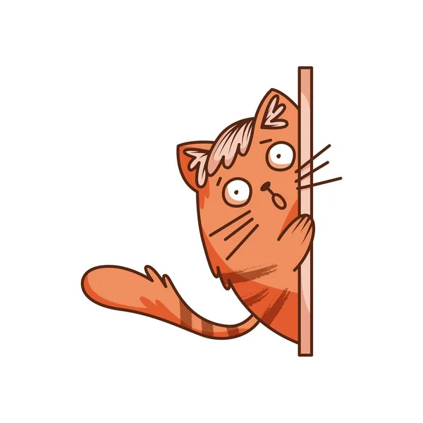 Cute Ginger Cat Character Striped Tail Peeped Out Corner Vector — 스톡 벡터