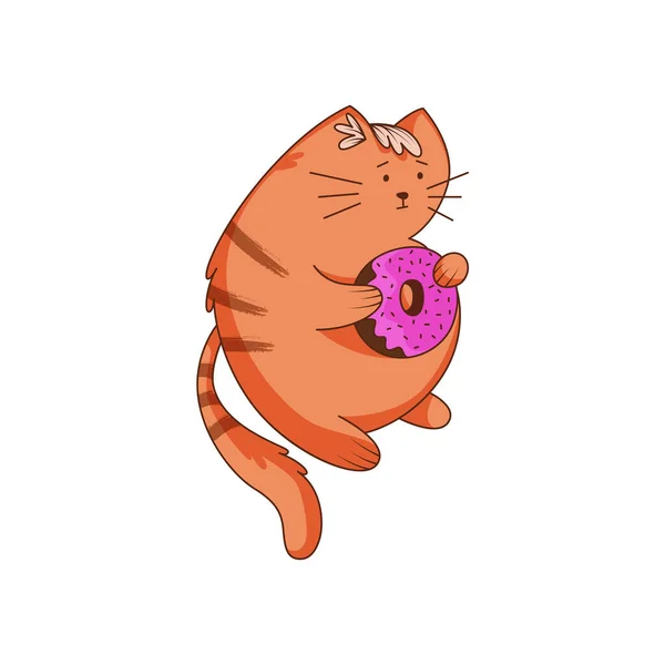 Çizgili Kuyruklu Şirin Zencefilli Kedi Karakteri Şeker Şekerli Donut Vektör — Stok Vektör