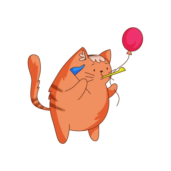 Roztomilý Ginger Cat Postava Pruhovaným Ocasem Drží Balón Vlajka Píšťalka — Stockový vektor
