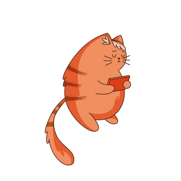 Cute Ginger Cat Character Striped Tail Playing Tablet Vector Illustration — 스톡 벡터