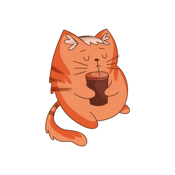 Cute Ginger Cat Character Striped Tail Drinking Coffee Straw Vector — 스톡 벡터