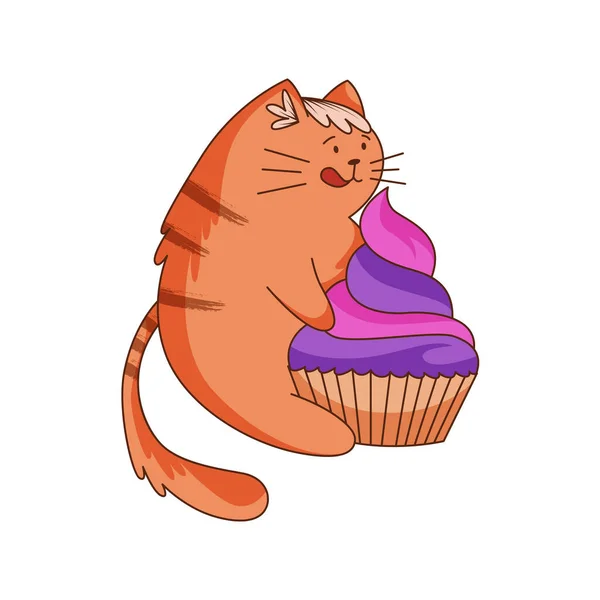 Personagem Ginger Cat Bonito Com Cauda Listrada Abraçando Cupcake Vector — Vetor de Stock