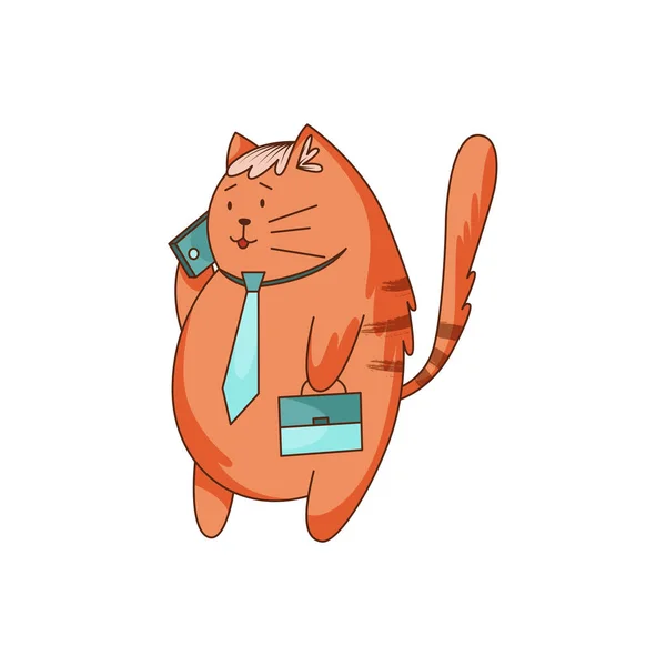 Çizgili Kuyruklu Şirin Zencefilli Kedi Karakteri Evrak Çantası Konuşan Telefon — Stok Vektör