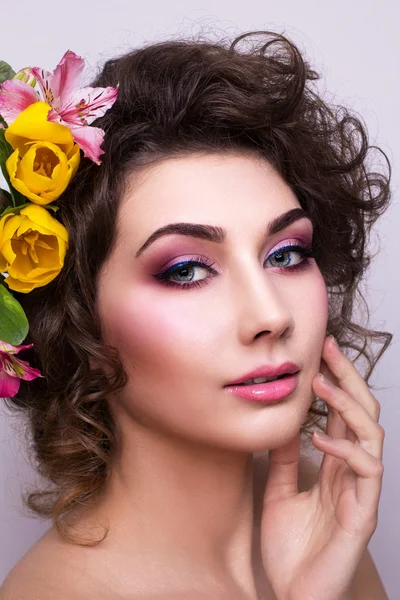 Beautiful Girl with Spring Flowers. Fresh skin Stock Picture