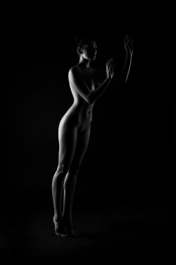 Kadın bedeni koyu arka plan üzerinde kıvrımlarına. Seksi vücut çıplak