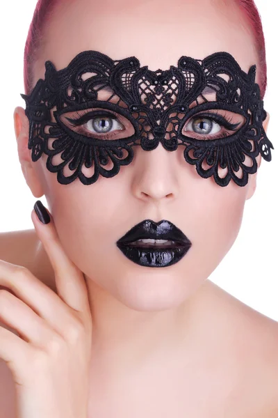 Beautiful Woman with Black Lace mask over her Eyes.  Black Manic — Stock Photo, Image