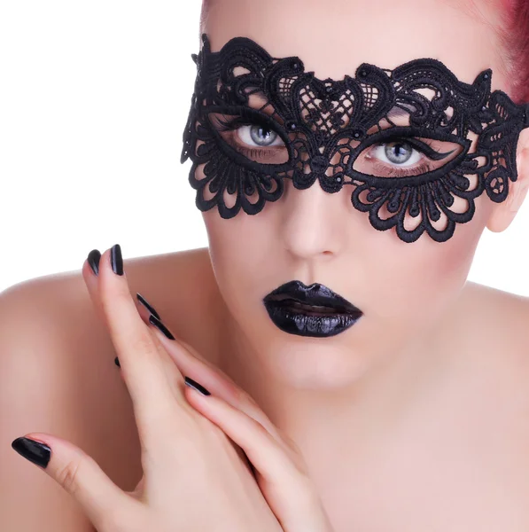 Beautiful Woman with Black Lace mask over her Eyes.  Black Manic — Stock Photo, Image