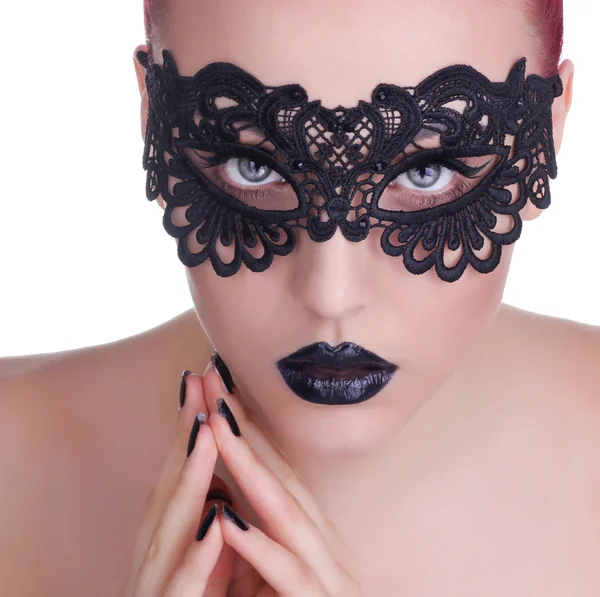 Beautiful Woman with Black Lace mask over her Eyes.  Black Manic — Stock Photo, Image