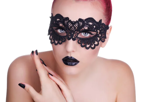 Beautiful Woman with Black Lace mask over her Eyes.  Black Manic — Stock Photo, Image