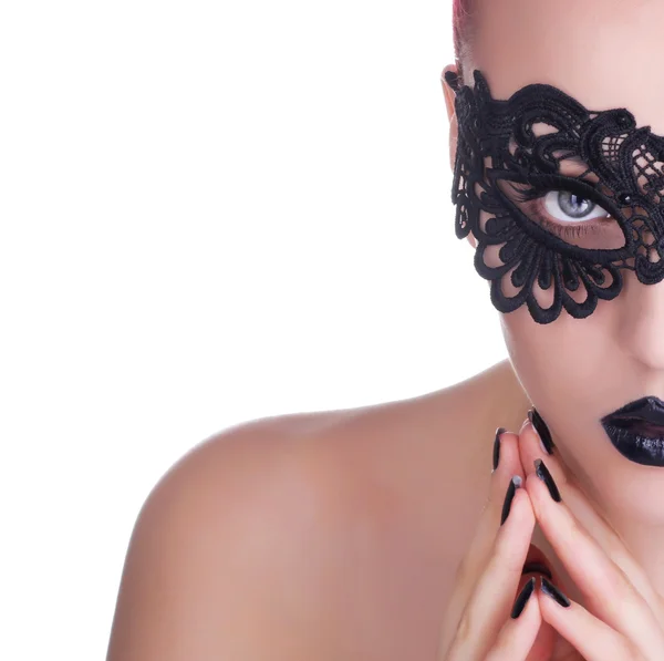 Beautiful Woman with Black Lace mask over her Eyes.  Black Manic — Stock Photo, Image