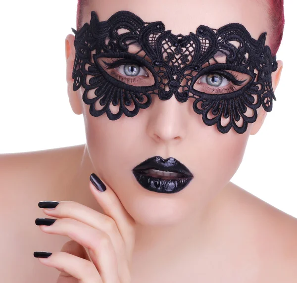 Beautiful Woman with Black Lace mask over her Eyes.  Black Manic — Stock Photo, Image