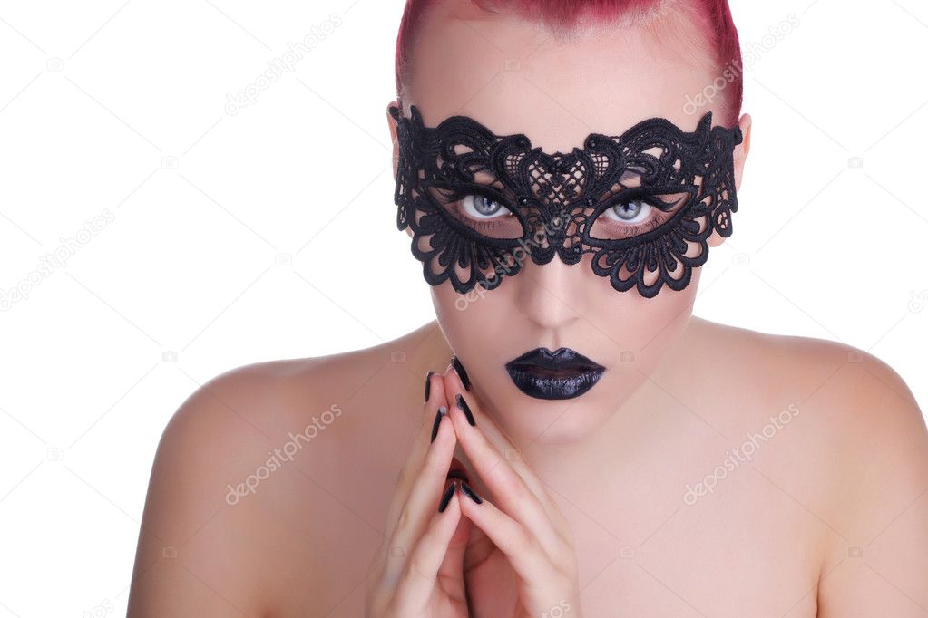 Beautiful Woman with Black Lace mask over her Eyes.  Black Manic