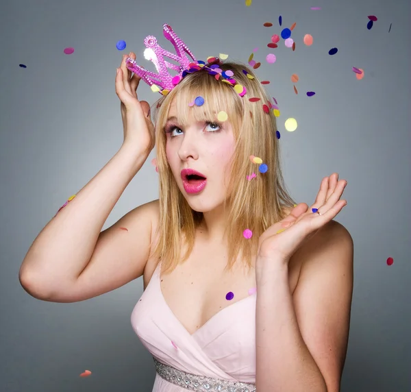 Portrait of woman wearing pink princess crown — Stock Photo, Image