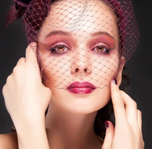 Portrait a face of the beautiful girl with velvet skin and a beautiful fashionable make-up, dark lipstick and a grid a veil on a face — Stock Photo, Image