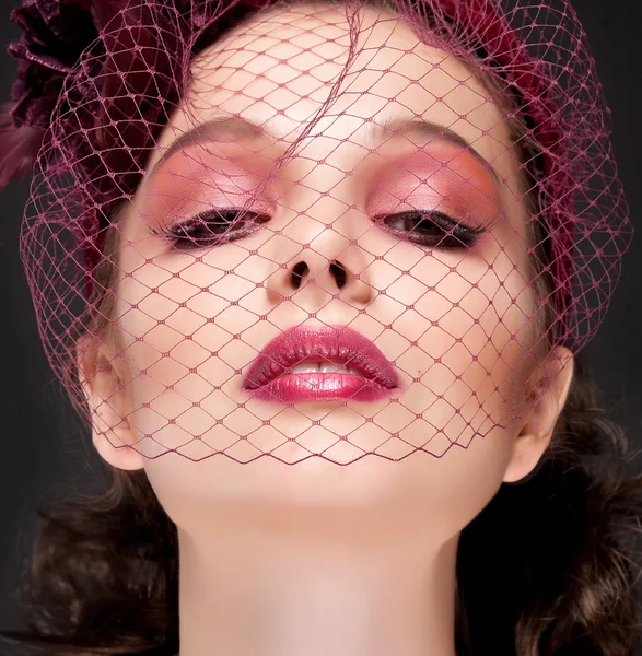 Portrait a face of the beautiful girl with velvet skin and a beautiful fashionable make-up, dark lipstick and a grid a veil on a face — Stock Photo, Image