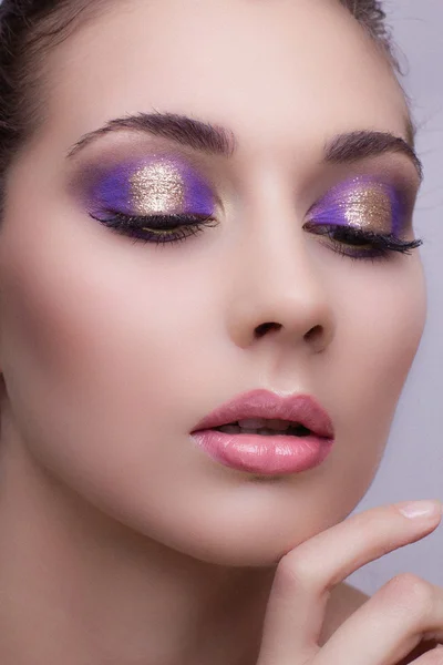 Beauty Girl Portrait with Colorful Makeup, Nail polish and ring — Stock Photo, Image