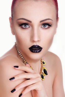 Beauty Fashion Model Girl with Black Make up, Long Lushes. Fashi
