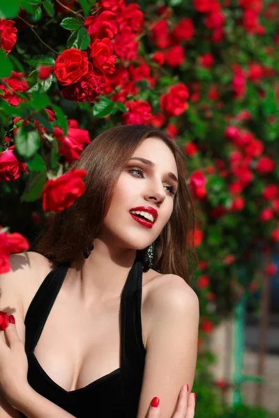 Retrato de bela jovem no jardim de rosas, primavera ti — Fotografia de Stock