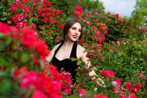 Portrait of  beautiful young woman in the rose garden, spring ti — Stock Photo, Image