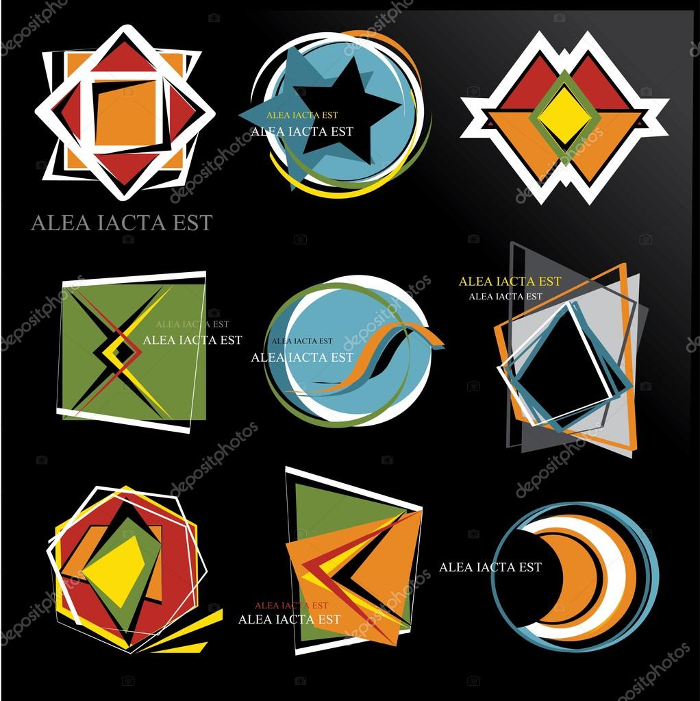 Set of modern, abstract and new logos in blue, orange, green and red color on black backround