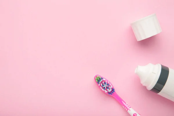 Pink Dental Brush Tooth Paste Pink Background Top View — Stock Photo, Image