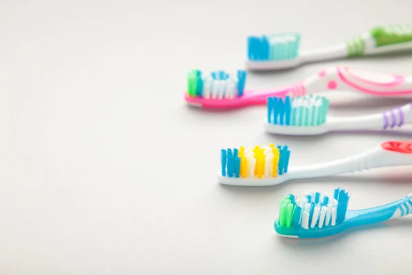 Toothbrushes Grey Background Copy Space Top View — Stock Photo, Image