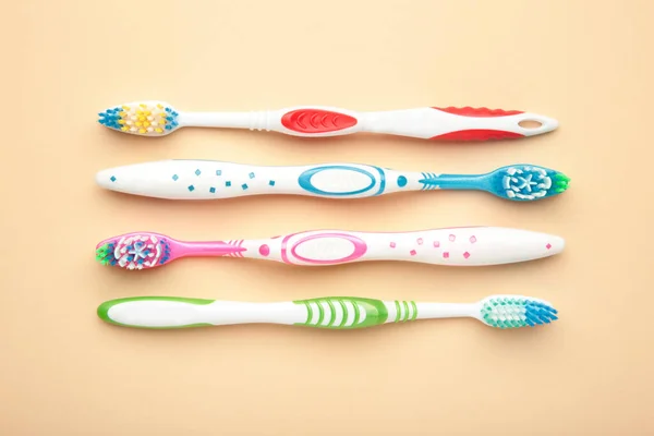 Toothbrushes Beige Background Copy Space Top View — Stock Photo, Image