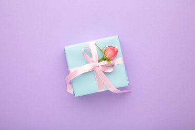 Sevgililer Günü arkaplanı pembe gül ve mor arka planda hediye kutusu. Kopyalama alanı olan üst görünüm.