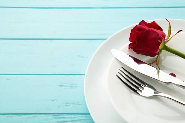 Cutlery Rose Blue Background Copy Space Valentine Day — Stock Photo, Image