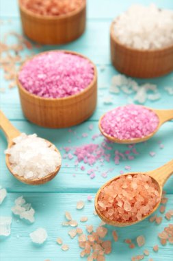 Mavi arka planda farklı tuz türleri. Üst görünüm