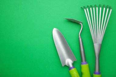 Yeşil arkaplanda fotokopi alanı olan bahçe aletleri. Üst görünüm