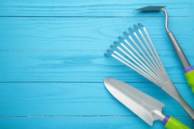 Mavi ahşap arka planda fotokopi alanı olan bahçe aletleri. Üst görünüm