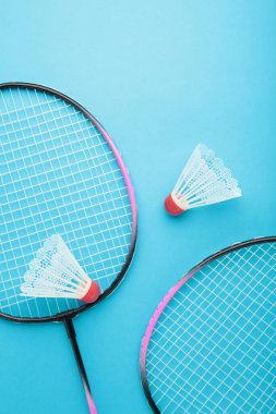 Mavi arka planda mekik horozları ve badminton raketleri. Üst görünüm.