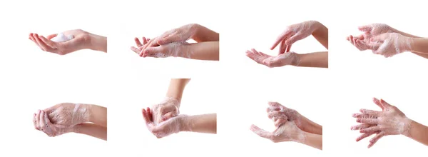 白い背景に隔離された手を洗う 閉じる — ストック写真