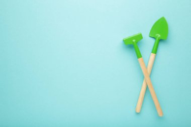 Mavi arkaplanda fotokopi alanı olan bahçe aletleri. Üst görünüm