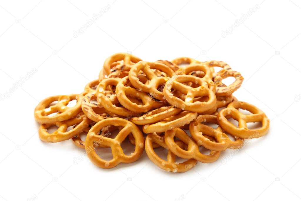 Salted pretzels isolated on white background. Snacks. Top view
