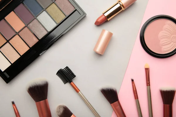 Different Luxury Makeup Products Colorful Background Flat Lay Top View — Foto de Stock